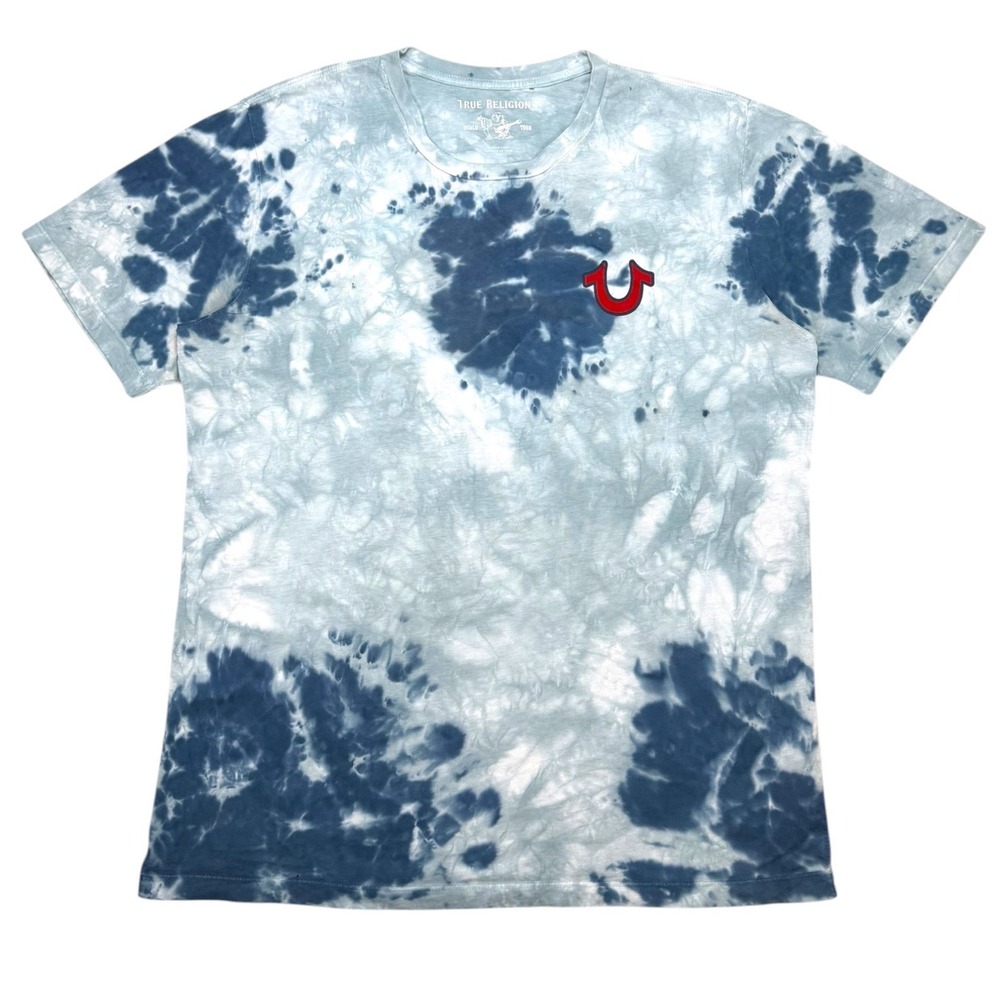 True Religion T-Shirt Mens L Blue Tie Dye Buddha Logo Crew Neck M4O8U24JV7